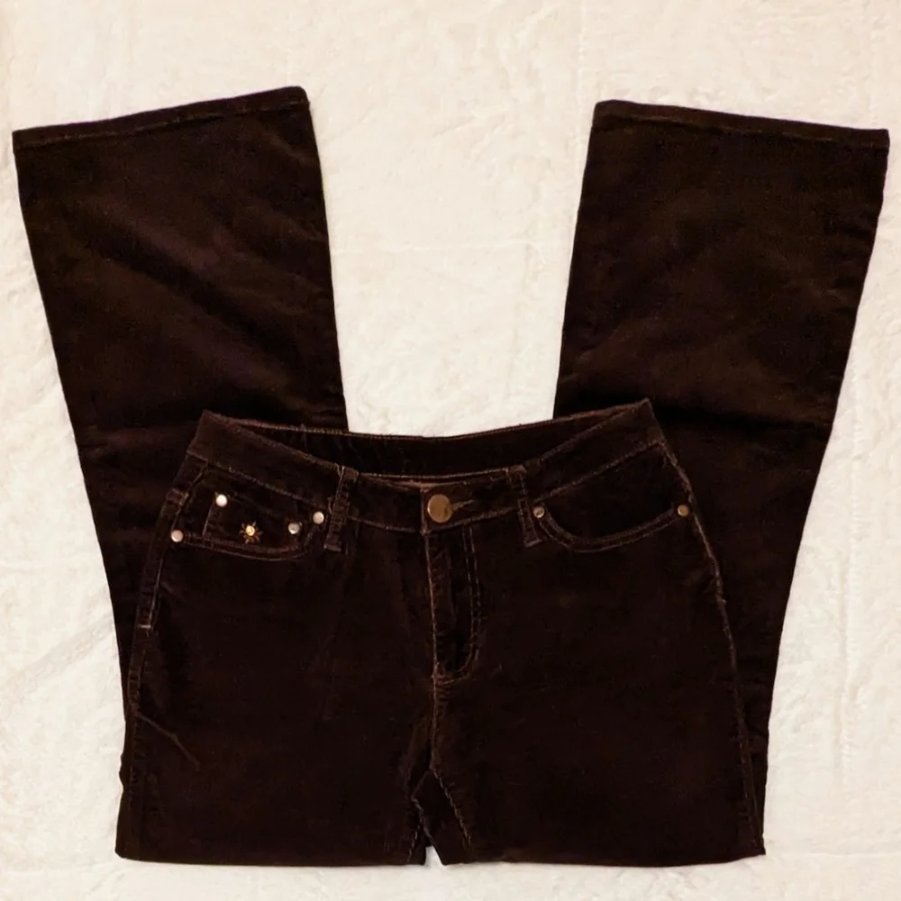 Fashion Bug Corduroy Flared Pants Dark Brown Stretch Embroidery Cotton Fall